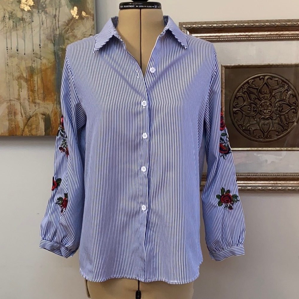 Blue pinstripes with rose embroidered sleeves